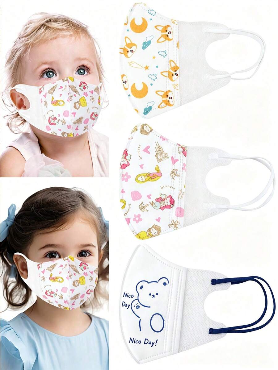 10pcs Kids Disposable 3D Face Mask, Breathable, Cute Unicorn, Fox, Princess Design, Protective Masks - Multicolor - View 1