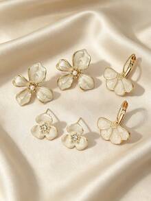 6pcs Simple And Cute Versatile White Drip Oil Flower Inlaid Faux Pearl Earrings For Women, Suitable For Daily, Vacation, Wedding Wear, Gift Giving - White - View 3