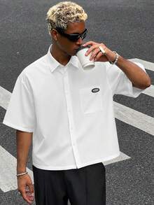 HOMIIE Men White Boxy Short Sleeve Button Down Shirt, Lapel Collar Single Chest Pocket Loose Cropped Top, Streetwear Back To School Outfit - White - View 3