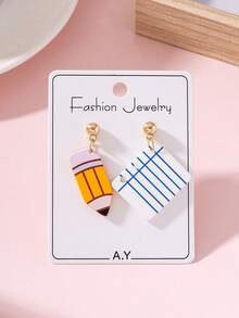 1 Pair Asymmetrical Pencil & Notebook Acrylic Pendant Earrings, Cute Stationery Style Earrings, Back To School Season Women & Girls Daily Decorative Jewelry - Multicolor - View 2