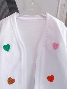 Girls Cute Heart Embroidery Long Knit Cardigan Sweater, No Buttons, Suitable For Daily Wear, Vacation, Spring, Autumn, Winter - White - View 3