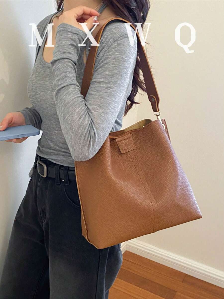 大容量女款手提包,新款純色高級休閒通勤斜挎單肩包 - 棕色 - 查看 1