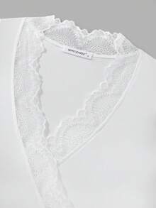 Autumn White Lace V-Neck Wrap Tie Waist Ruffle Cropped Slim Fit Top, Suitable For Cafe Check-In, Relaxed Daily Date, City Shopping Outing, Halloween Elegant Soft Outfit, Short Trip Travel Outfit - White - View 8