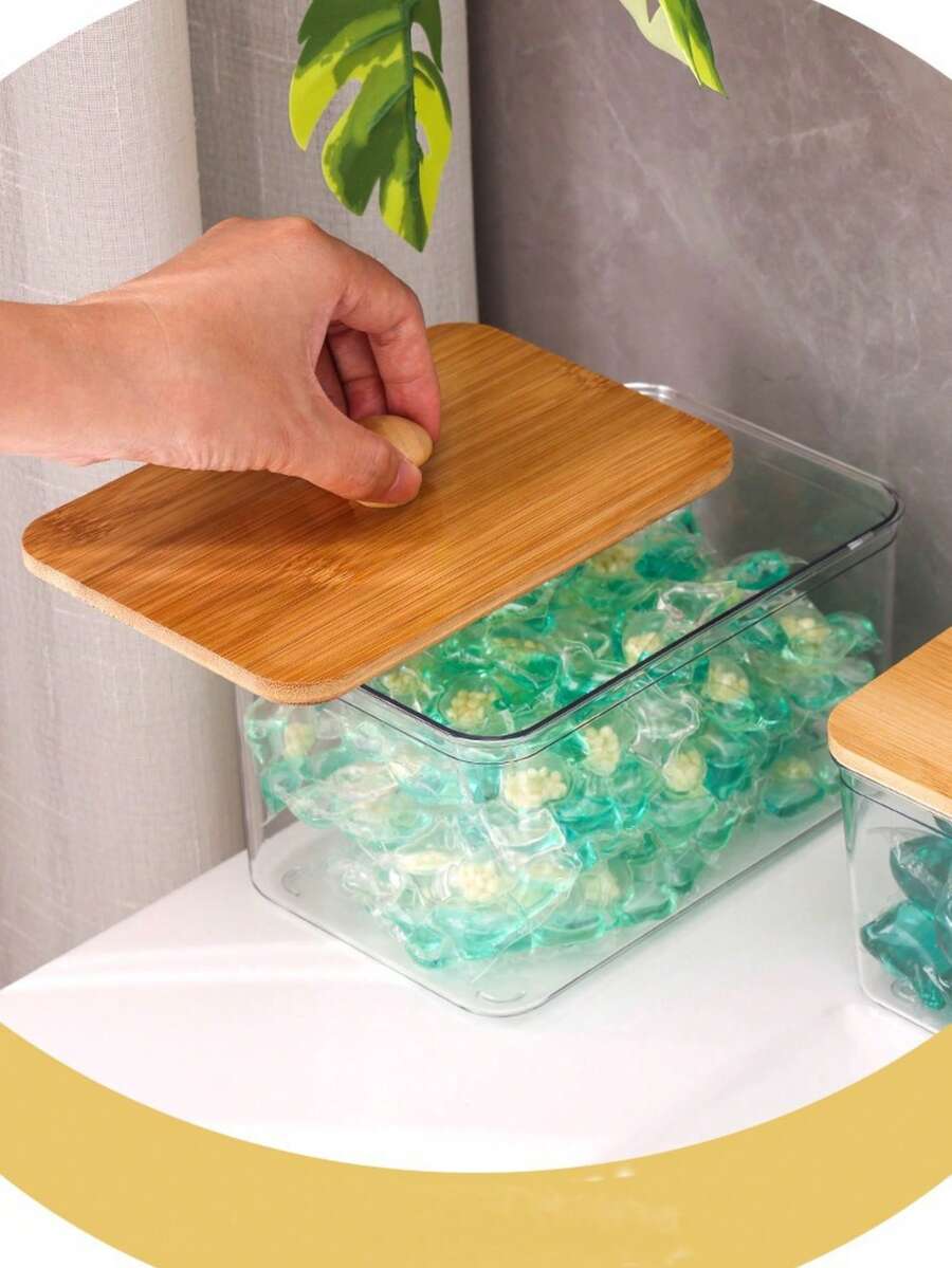 Transparent Laundry Room Storage Dispenser Bottle With Bamboo Lid, Clear Laundry Detergent Storage Container, Multi-Purpose Sealed Storage Jar For Washing And Care Products, Home Laundry Organization - A - View 1
