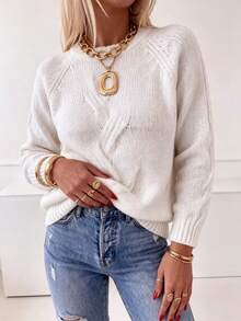 Plus Size Women's Cable Knit Hollow Textured Ribbed Cuff Raglan Long Sleeve Round Neck Short Loose Chunky Knit Pullover Sweater, Vintage Fall White - White - View 3