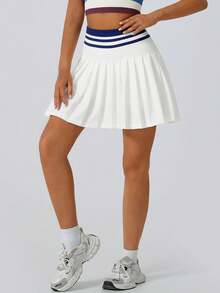 Rok Tenis Wanita Putih Colorblock Pinggang Tinggi, Saku Terintegrasi dan Celana Pendek Musim Panas - Putih - View 6