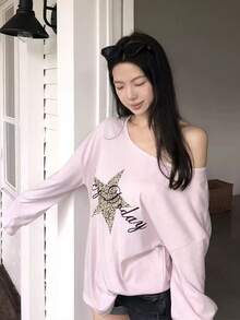 American Lazy Leopard Print Star Graphic T-Shirt Casual - Pink - View 1