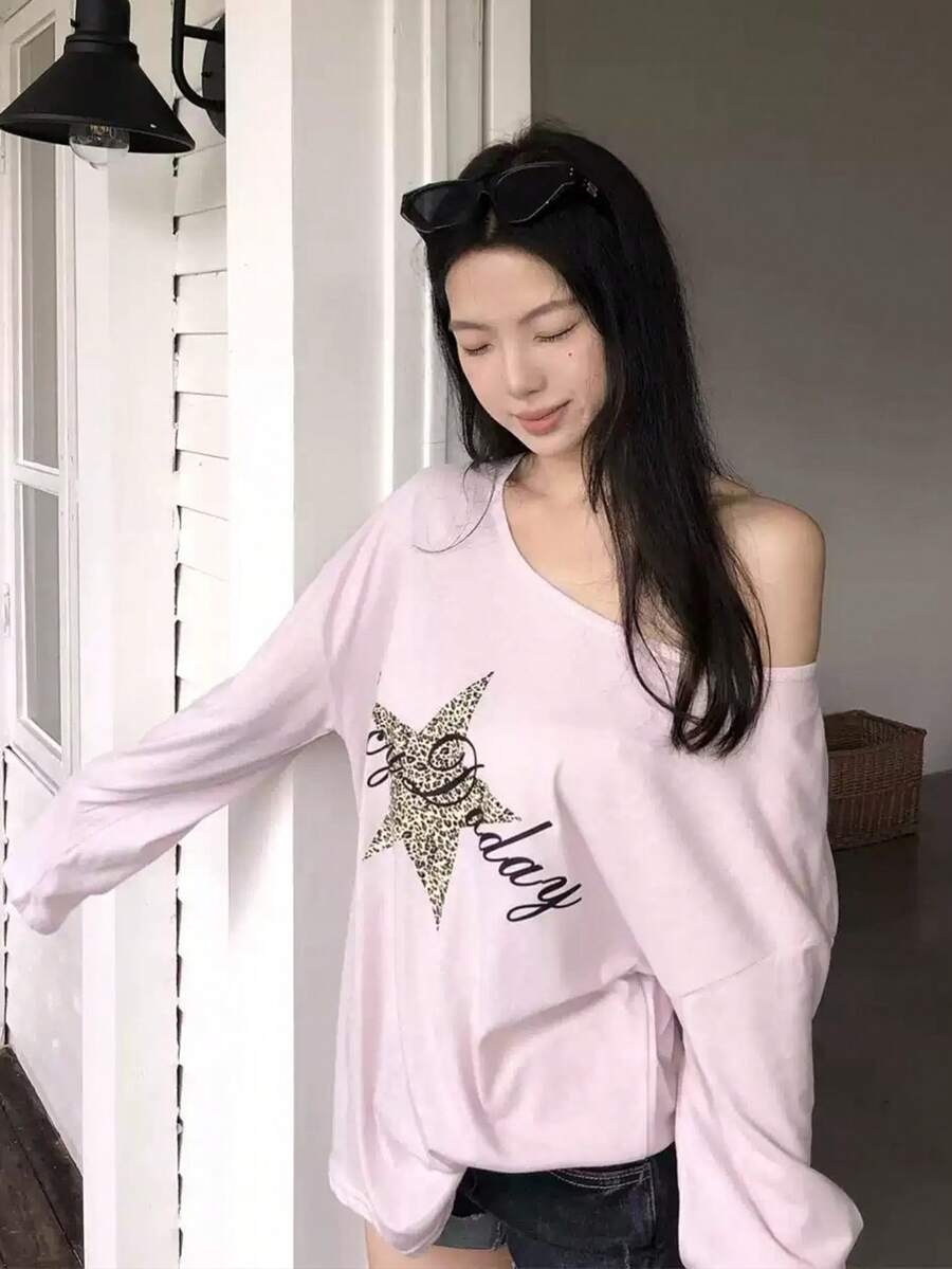 American Lazy Leopard Print Star Graphic T-Shirt Casual - Pink - View 1