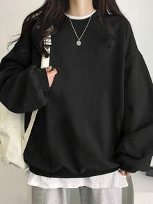 Women's Minimalist Black Personalized Loose Casual Comfortable Home Daily Commute Versatile Round Neck Long Sleeve Sweatshirt - Black - View 4