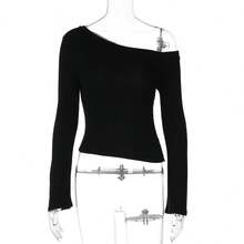 Women's Square Neck Long Sleeve Square Neck Bell Sleeve Cropped Slim Fit American Style T-Shirt - Black - View 7