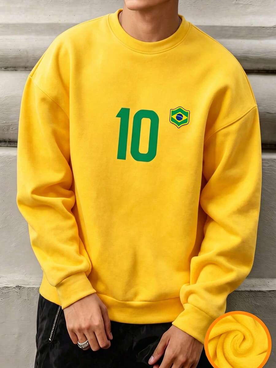 1pc Tween Boys Casual Sports Street Style Number 10 Brazil Flag Element Print Yellow Fleece Sweatshirt Autumn/Winter - Yellow - View 1