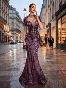 GIFORU Women's Elegant Romantic Deep V-Neck Rhinestone Mermaid Cocktail Dress, Sequin Decorated Party Long Gown, Unique Fashion Wedding Fall - Lilac Purple - View 1