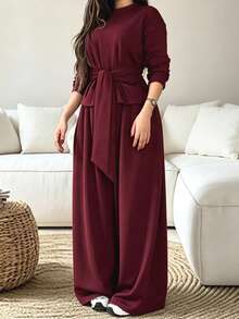 Fall Women's Solid-Color Casual Set: Round-Neck Long-Sleeve Top With Elastic Waistband And Pockets, Wide-Leg Pants (Two Pieces Set) - Burgundy - View 2