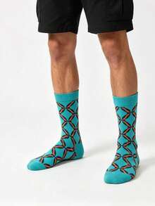 1/5 Pairs Vintage Assorted Jacquard Mid-Calf Socks, Geometric Plaid & Math Symbol Streetwear Socks For Men - Multicolor - View 3