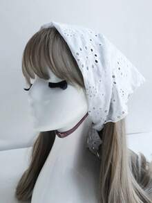 1pc Pure White Hollow Embroidery Triangle Headscarf With Various Floral Perforated Embroidery Patterns, Can Be Tied Into A Bow, Mori Style French Countryside Gentle Atmosphere Headpiece - Multicolor - View 7