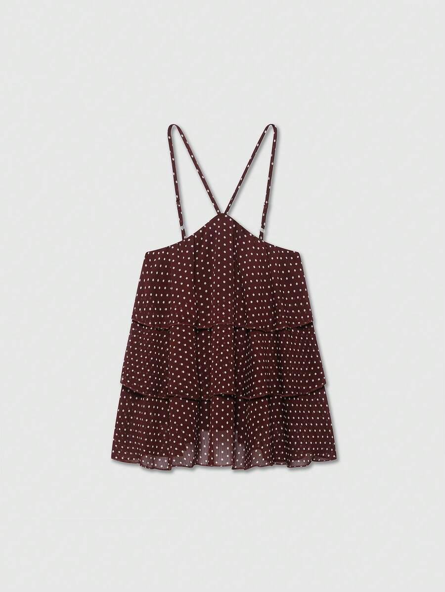 Polka Dot Halter Neck Sleeveless Top For Women Brown Summer - Brown - View 1