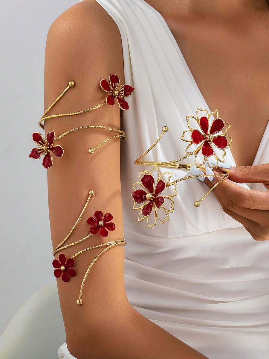 3pcs/1pc Red Floral Arm Cuff Cold Style Elegant Luxury Arm Chain Exquisite Fashion Five-Petal Flower Arm Cuff Set - Red - View 1