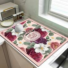 1pc Camellia Pattern Printed Diatomaceous Earth Kitchen Dish Drying Mat, Absorbent Dish Drying Pad, Coffee Machine Mat, Dishwashing Mat, Sink Mat, Kitchen Countertop Protector, Suitable For Cups, Plates, Tableware And Kitchen Decor - Multicolor - View 5