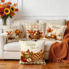 4pcs/1pc Autumn Dessert Fruit & Vegetable Plaid Pattern Pillow Case, Single-Sided Printed Pillow Case, Suitable For Living Room, Bedroom, Home Decor, All-Season Pillow Case - Multicolor 02 - View 8