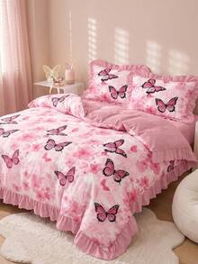 2/3pcs Ruffle Duvet Cover Set, Dorm Bedding, Pink Floral Bedding Set, Cozy Room Decor, Skin-Friendly Breathable, Ultra Soft Anti-Pilling, No Duvet Insert Included, Suitable For Single/Double/Queen/King Bed, All Season, Machine Washable, Back To School - Multicolor - View 2