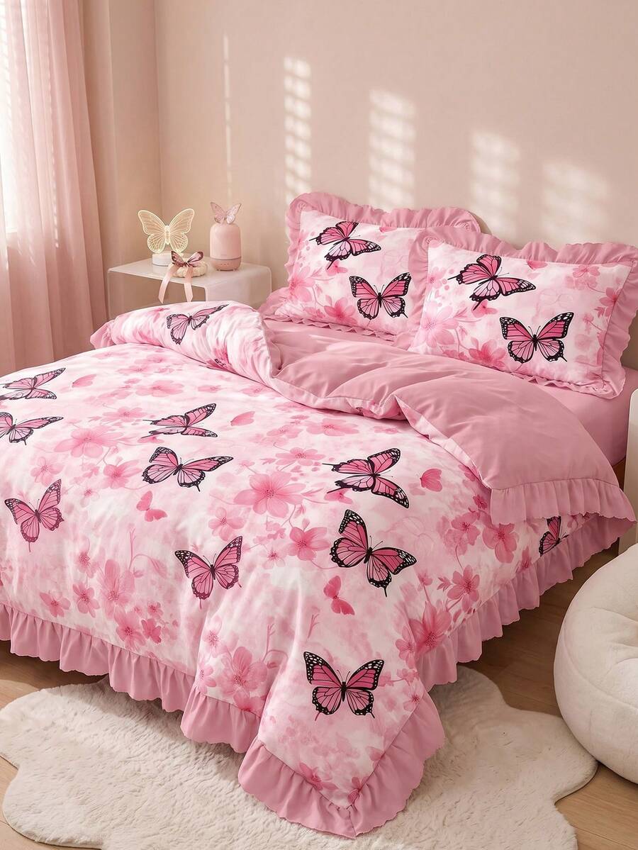 2/3pcs Ruffle Duvet Cover Set, Dorm Bedding, Pink Floral Bedding Set, Cozy Room Decor, Skin-Friendly Breathable, Ultra Soft Anti-Pilling, No Duvet Insert Included, Suitable For Single/Double/Queen/King Bed, All Season, Machine Washable, Back To School