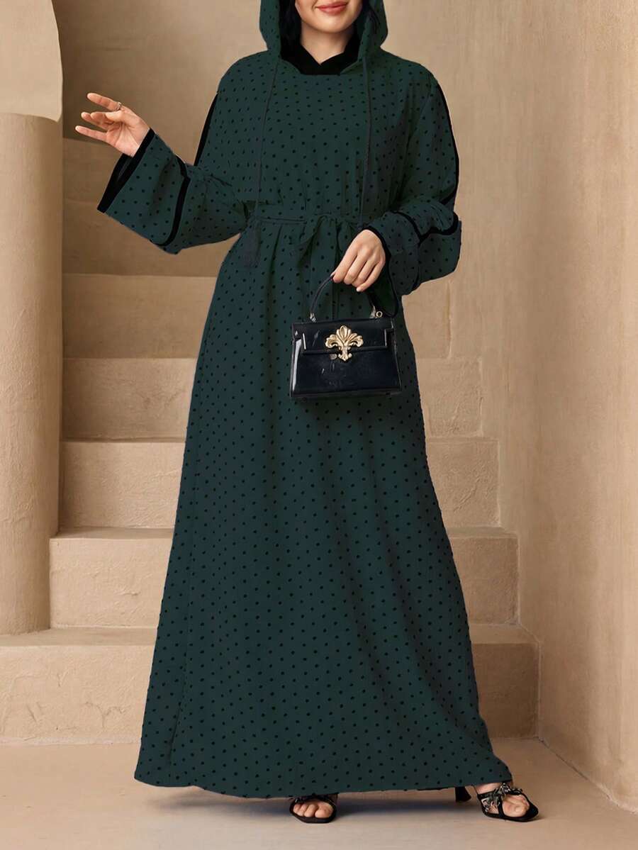 Fashionable Versatile Polka Dot Hooded Long Robe 2 Pieces Set Women's Elegant Soft Abaya Cover-Up Robe + Belt Set Sun Protection Muslim Clothing Shawl - Dark Green - View 1