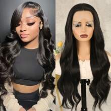 Elegante, lange, schwarze Body-Wave-Spitzenfrontperücke für Damen, 180 % Dichte, 13 x 4 x 1 Zoll, vorgezupfter Haaransatz, kleberfrei, 66 cm lang, hitzebeständig, 180 % Dichte. Ideal für Cosplay, Partys, Alltag, Silvester, Valentinstag und mehr. - Schwarz - Übersicht 13