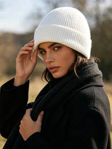 1pc Ribbed Knit Beanie, Minimalist Solid Color Loose Oversized Hat, Unisex Autumn/Winter Warm Ear Protection Wool Cap - 1pcs - View 5