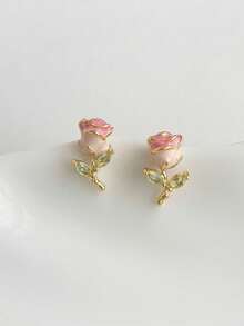 1 Pair Enamel Rose Flower Earrings, Delicate Micro-Inlaid Zirconia Rose Flower Earrings - Multicolor - View 7