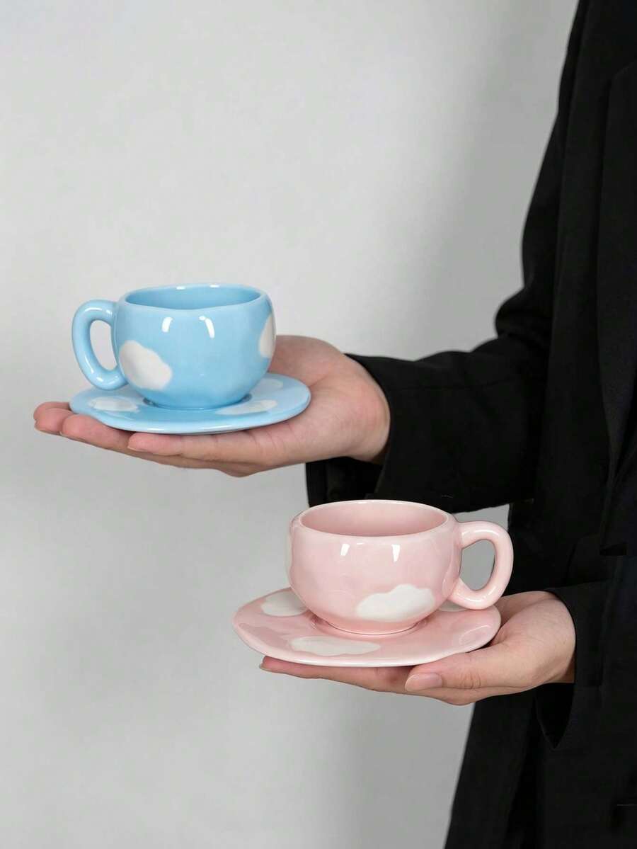 Mini Cloud Embossed Ceramic Cup & Saucer Set, Cute Wavy Asymmetrical Shape, Macaron Pastel Color Mini Espresso Cup, Creative Handmade Ceramic Tea Cup, Japanese Style Cute Tableware, Home Decor Gift - Multicolor - View 1