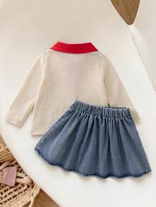 Autumn/Winter Baby Girl Cute Red Turn-Up Collar Cherry Embroidery Long Sleeve Top & Pleated Denim Skirt Set - Apricot - View 3