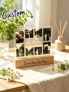 Custom Acrylic Photo Display, Capture Beautiful Moments, Supports 8 Photo Customization, Wooden Base, Customizable Text, Combines Commemoration And Decoration, Perfect For Family Photo Collection, Couple Anniversary, Pet Memory Preservation, Graduation Commemoration, Freely Place On Study Desk, Bedroom Nightstand, Living Room, Office Desk, Dressing Table - Multicolor - View 3