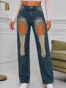 Damen Vintage Distressed Denim Jeans, Y2K Stil Lässig Gerade Beine Hose, Knopf Detail Design, Leicht Dehnbar, Bequem zu Tragen - Blau - Übersicht 5