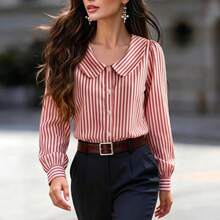 Women's Preppy Striped Peter Pan Collar Blouse, Puff Sleeve Button Front Regular Fit Top, Women's Long Sleeve Autumn Top - Red Stripes - View 9