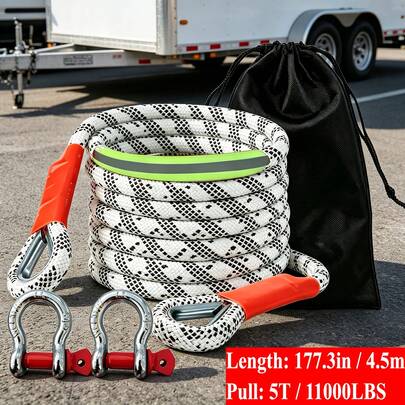 11000 LBS/ 39600 LBS/ 44000 LBS 3-Size Heavy-Duty Tow Rope & Hook Combo Set, 177-Inch High-Strength Nylon Recovery Rop, Equipped With 2 Steel U-Hooks And Storage Bag.Compatible With Trucks, SUVs, UTVs And ATVs, Ideal For Off-Road Rescue