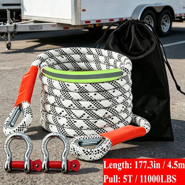 Juego de Cuerda de Remolque y Gancho de 3 Tamaños Resistente 11000 LBS/ 39600 LBS/ 44000 LBS, Cuerda de Recuperación de Nylon de Alta Resistencia de 177 Pulgadas, Equipado con 2 Ganchos en U de Acero y Bolsa de Almacenamiento. Compatible con Camiones, SUV, UTV y ATV, Ideal para Rescate Todoterreno