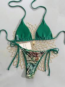 女款性感露背斑馬紋前綁帶比基尼泳衣套裝，高彈性兩件式度假泳裝 - 軍綠豹紋 - 查看 3