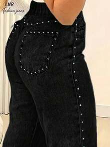 Women's Black Washed Loose Straight Leg Jeans, Retro Casual Street Style With Rivet Decor Spring, High Waisted - Black - View 3