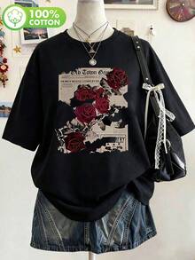 大尺碼復古水洗做舊女款T恤，夏季度假服飾 - 黑色 - 查看 3