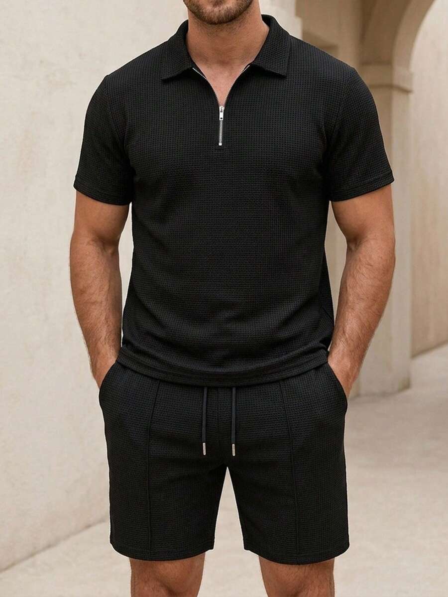 DAZY Men's 2-Piece Set, Classic Zip Lapel Short Sleeve Polo Shirt Made Of Waffle Fabric + Shorts - Black - View 1