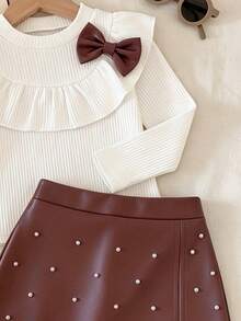 Young Girls' Fashion Cute 3D Bow Ruffle Trim Top And Stylish Studded PU Skort Set - White - View 5