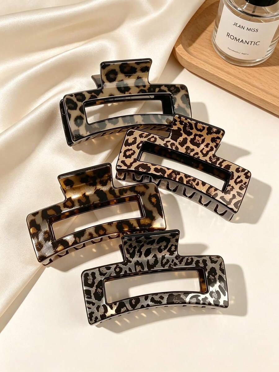 4 Stücke Damen Vintage Leopardenmuster rechteckige Cut Out Kunststoff Haarspangen, europäischer und amerikanischer Stil große Haarspangen für Hinterkopf Hochsteckfrisuren, elegante Haaraccessoires - Verschiedenfarbig - Übersicht 1