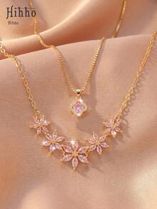 Hihho 2pcs/Set Pink Zirconia Flower & Lucky Four-Leaf Clover Layered Necklace Set, Dual-Color Options, Lightweight Luxury Niche Design, V-Shaped Collarbone Chain With White Zirconia Crushed Diamonds & Teardrop Zirconia Pendant, Inner Layer Simple Snake Chain With Round Pink Zirconia Four-Leaf Flower Pendant - Clavicle Chain - View 6
