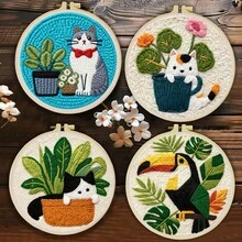 DIY 初學者衝花針刺繡套件:包含針、線、說明書、繡框、印有貓咪與植物圖案的預印布料。創意手工牆飾或禮物。2D 平面衝花針套件。入門/趣味/放鬆套件。20x20cm (7.87x7.87 英吋)。 - A - 查看 2