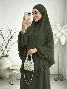عباية مزينة بحافة مكشكشة مع مجموعة حجاب متطابقة، فستان أنيق بأكمام طويلة محتشم للنساء - متعدد الألوان - مشاهدة 12