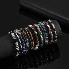 1pc Vintage Stainless Steel Chain Obsidian Bead Spliced Double Layer Silver Bracelet For Men, Jewelry Accessories - Silver - View 6