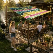 Green Yellow Pink Diagonal Wave Striped Sun Shade Sail, Outdoor UV Protection Sunshade Cloth, Large Size Patio Garden Yard Sun Canopy, Easy Installation With Fixing Ropes - Yellow - View 4