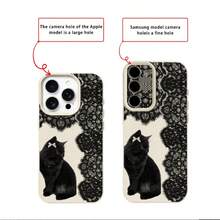 TPU Material Sweet Vintage Lace Black Cat Bow Pattern Phone Case Compatible With IPhone 17 Pro Max/17/16 Pro Max/15/13/12/11/ S20 FE/A15/S24/A55/ Note 11/Note 12/Note 13 Pro Full Coverage Anti-Drop Soft Shell Phone Protective Cover - White - View 8