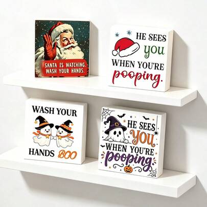 4pcs/1pc Funny Bathroom Decor Signs "Are You Using The Toilet?" "Please Wash Your Hands" Santa Claus & Ghost Decorative Signs, Suitable For Halloween And Christmas Bathroom Cabinet, Bathroom Decor, Home Decor, Room Decor, Christmas Gift