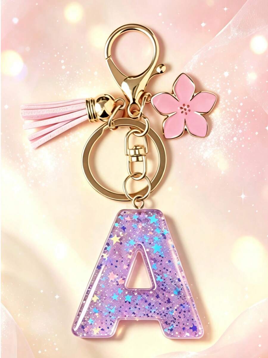 1pc Pink Glitter Letter Car Interior Hanging Ornament Phone Decoration Keychain, Cherry Blossom Tassel Flower Pendant, Suitable For Student Backpack, Holiday Gift For Friends, Valentine's Day, Halloween, Thanksgiving, Applicable To Any Occasion - Style C - View 1